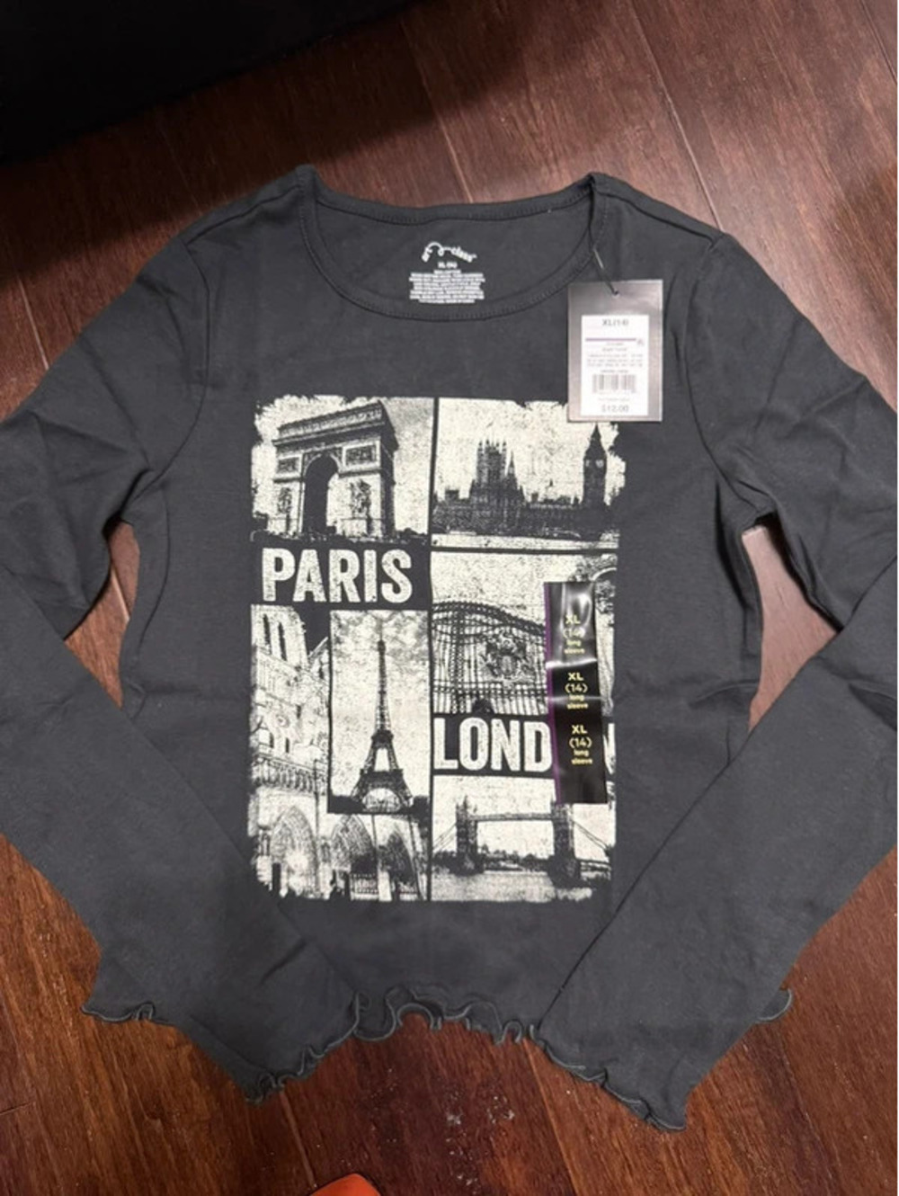 Art Class Girls' XL (14) Black Long Sleeve Top with Paris and London Print, New